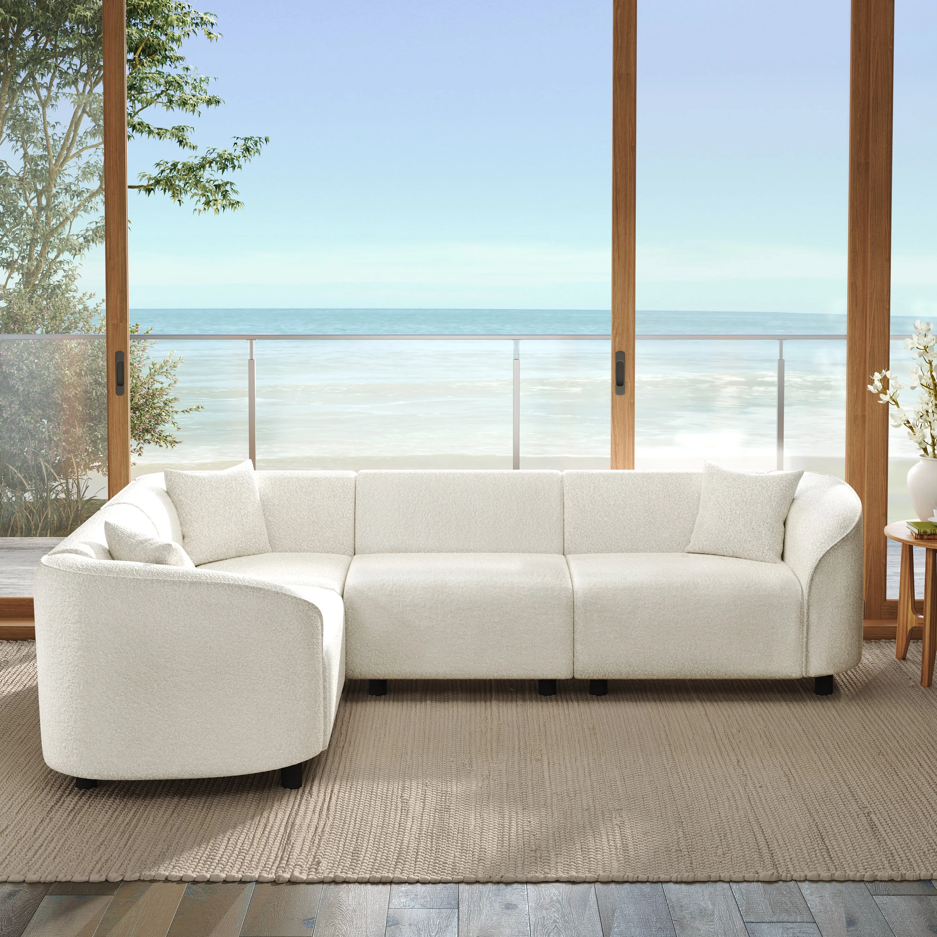 Sculptural Curved Contemporary Boucl¨¦ L-Shaped Sectional Sofa