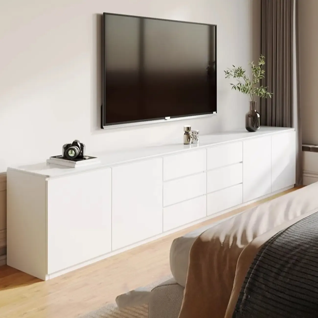Modern Long White Wood TV Stand with Drawers