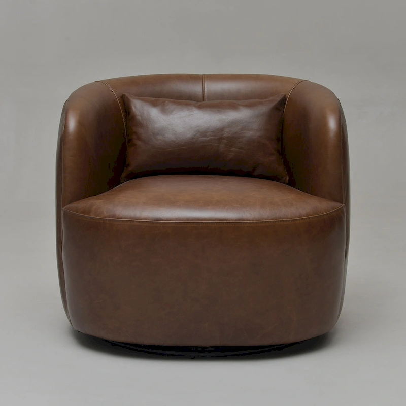 KINWELL Modern Top Grain Genuine Leather Swivel Armchair with Pillow