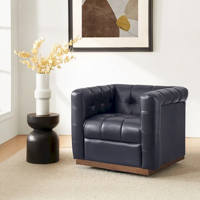 JeremiasMid-certury Modern GenuineLeatherTufted SwivelClubChair with Wooden Apron by HULALA HOME