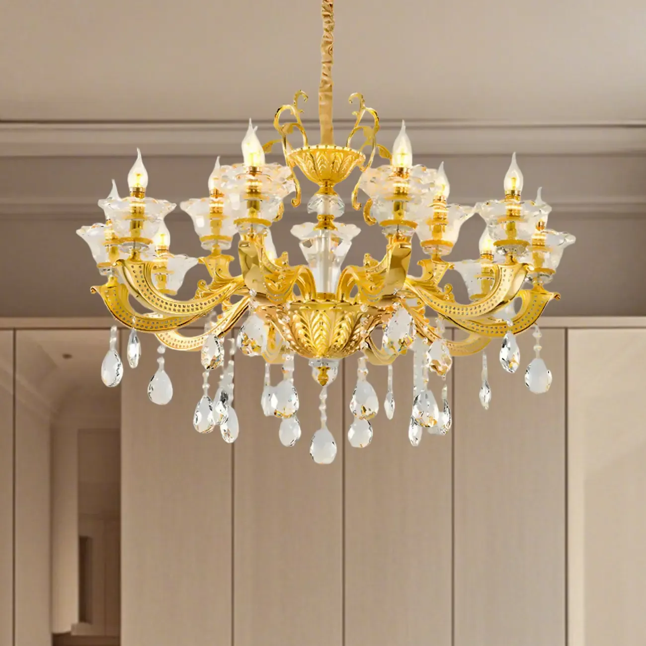 Living Room Golden Crystal Pendant Up Light Chandelier With Candelabra