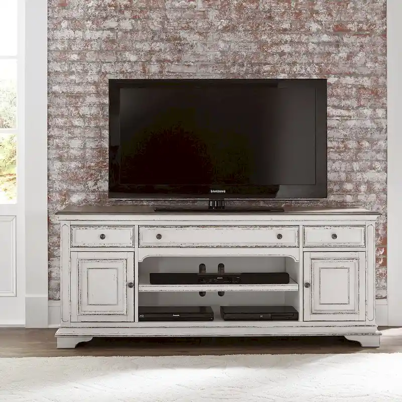 Magnolia Manor Antique White & Weathered Bark Entertainment TV Stand - 73 Wide