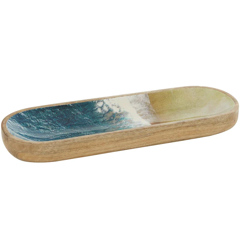 Mango Wood Handmade Ocean Inspired Living Room Decor Tray with Colorful Enameled Interior - Brown - Roche River Decor
