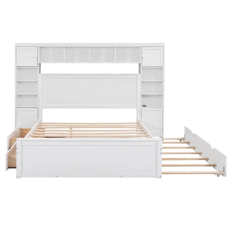Modern Wooden Bed with Cabinet, Shelf, and Sockets