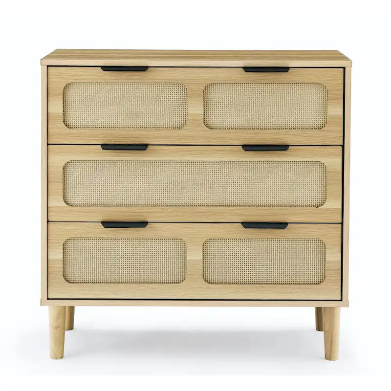 Farmhouse Rattan 3 Drawer Dresser, Wooden Wide Chest of Drawers with Metal Handles