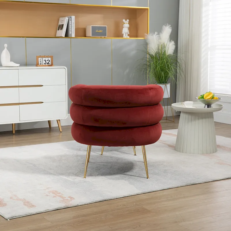 Wine Red Upholstered Barrel Chair with Ottoman and Metal Legs
