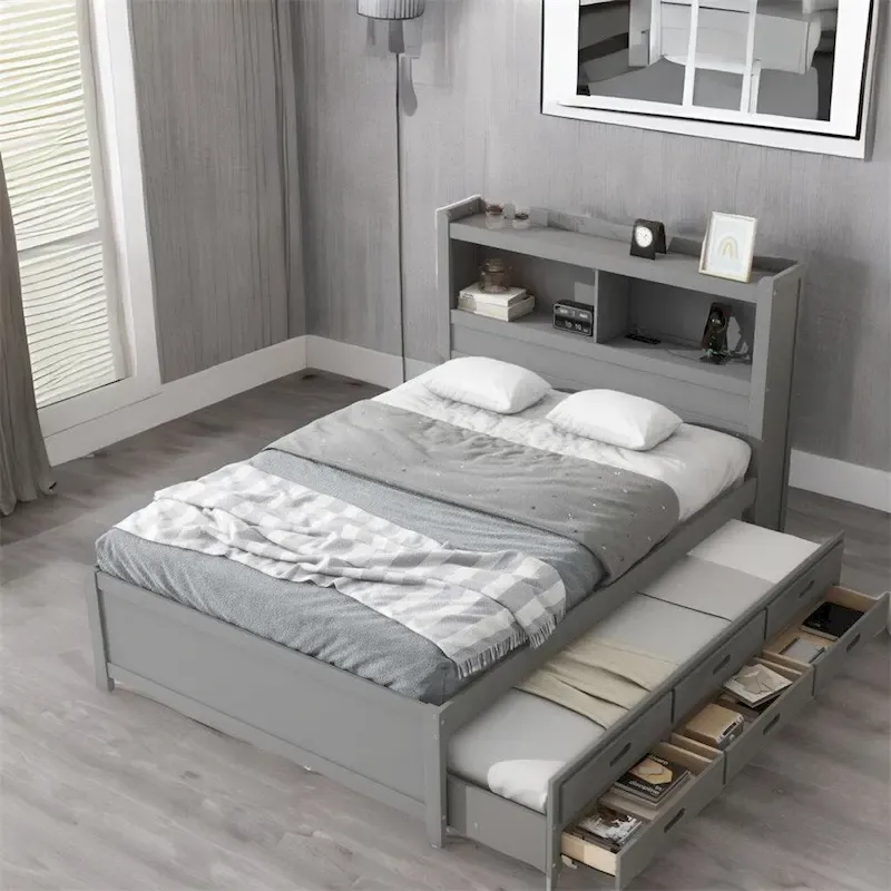 Full Size Platform Bed with Trundle and USB Plugs