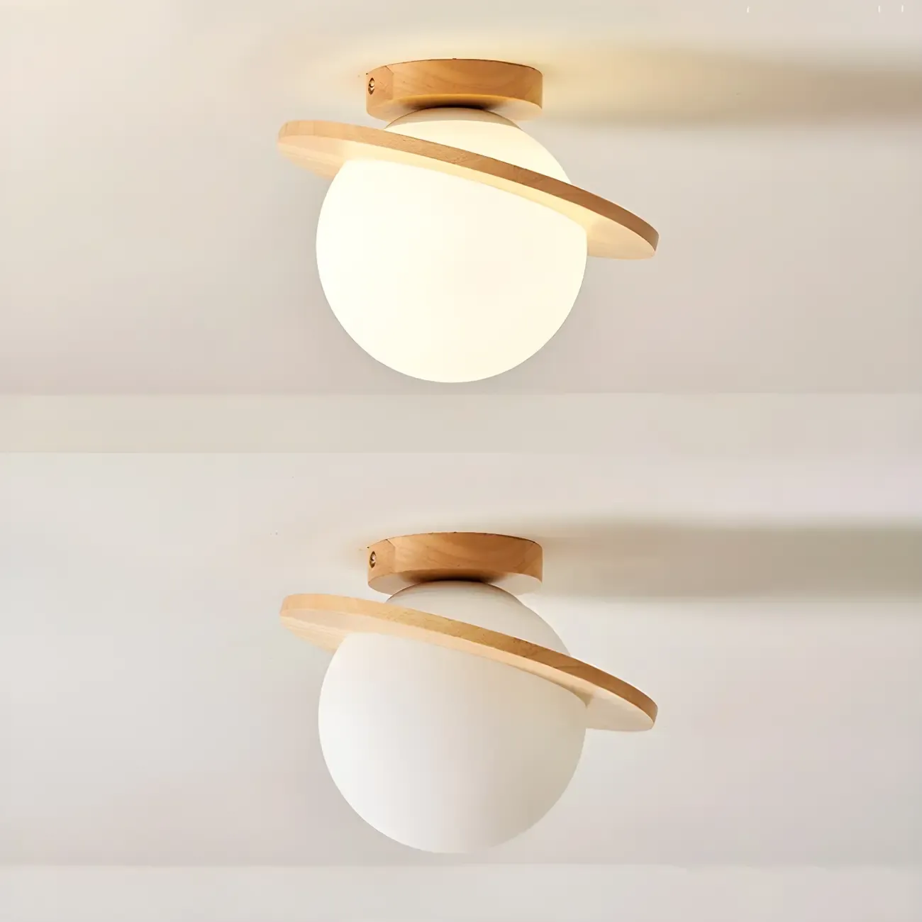 Circular Glass Ball Natural Wood Semi Flush Ceiling Light