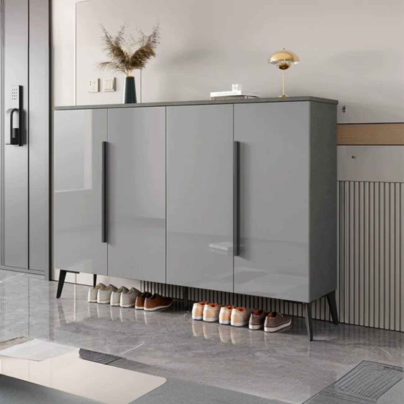 Trendy Gray-White Wooden Shoe Cabinet with Display Top