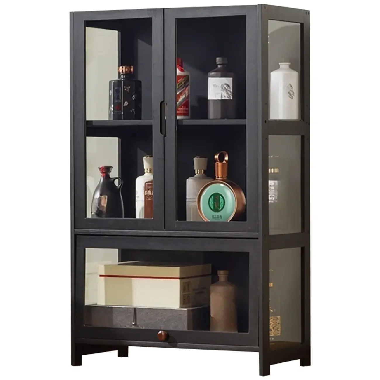 Contemporary 5 Shelves Bamboo Glass Black Curio Cabinet