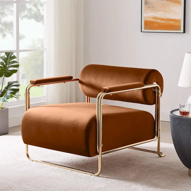 31 Wide Velvet Armchair with Cylindrical Backrest and Metal Frame