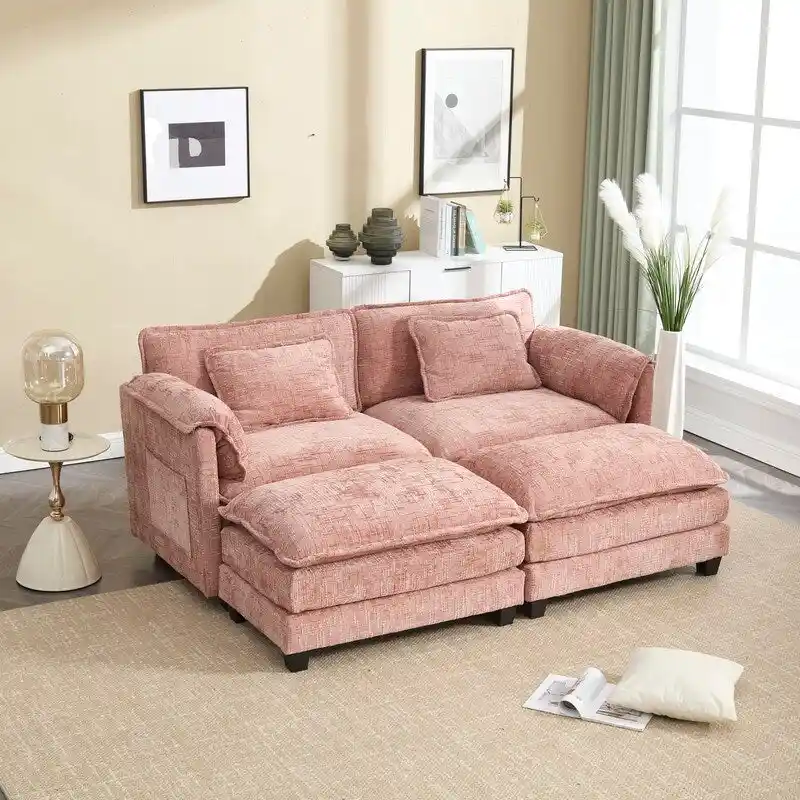 76.77  Chenille Upholstered Sofa with 2 Ottomans