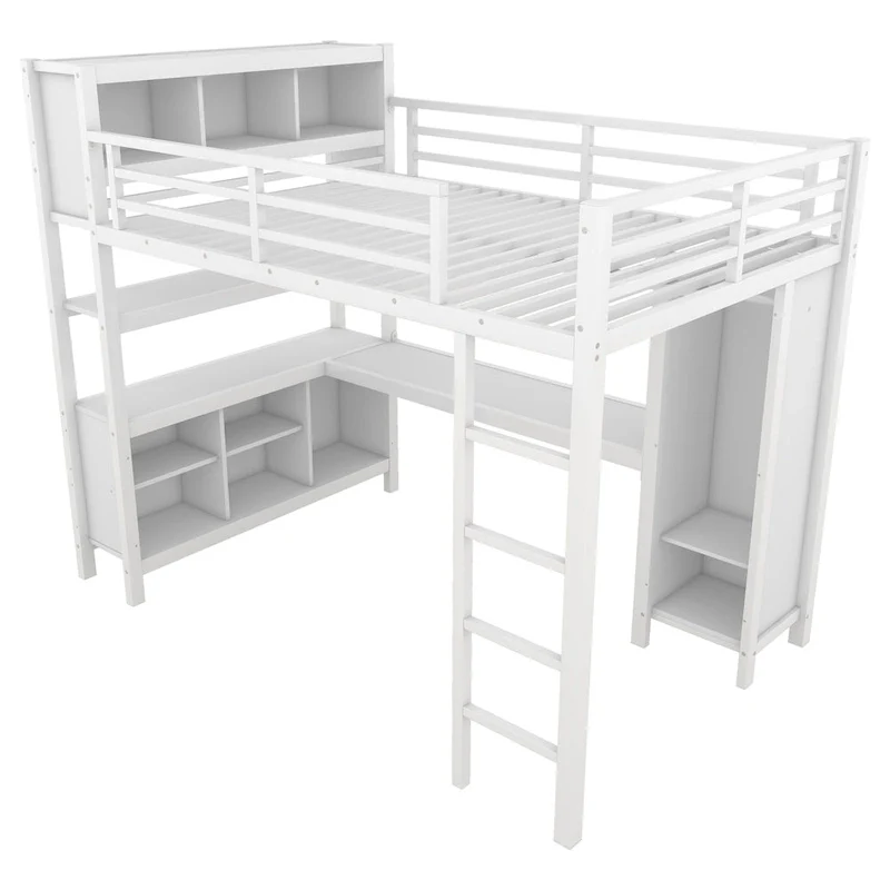 Metal Loft Bed with Wardrobe And L-shaped Desk