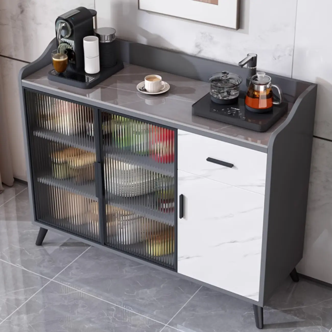 Modish Multi-Compartment Stone-Top Wood Buffet Cabinet