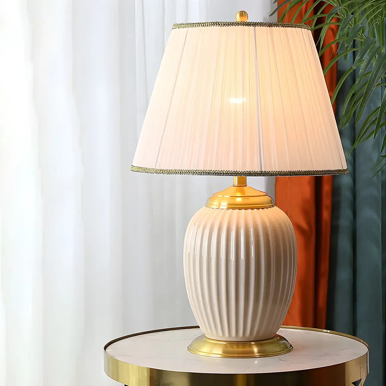 Plug-In Elegant Ceramic LED Table Lamp with Fabric Shade