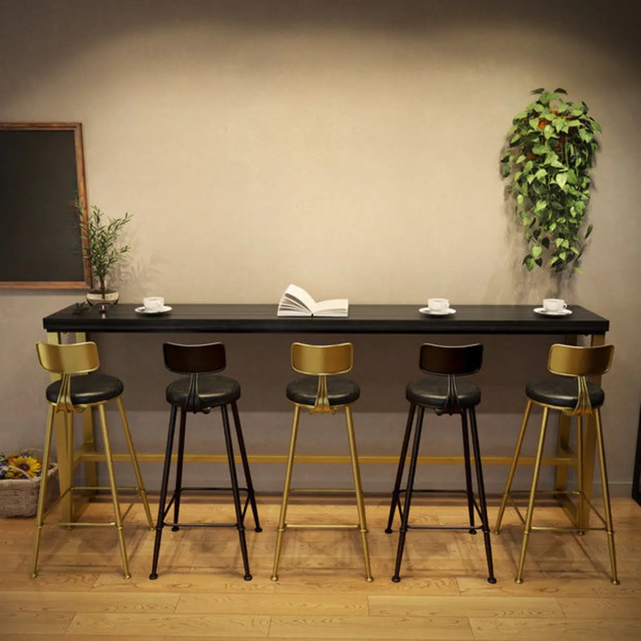 Luxurious Midnight Black Wood Gold Metal Leg Rest Bar Tables