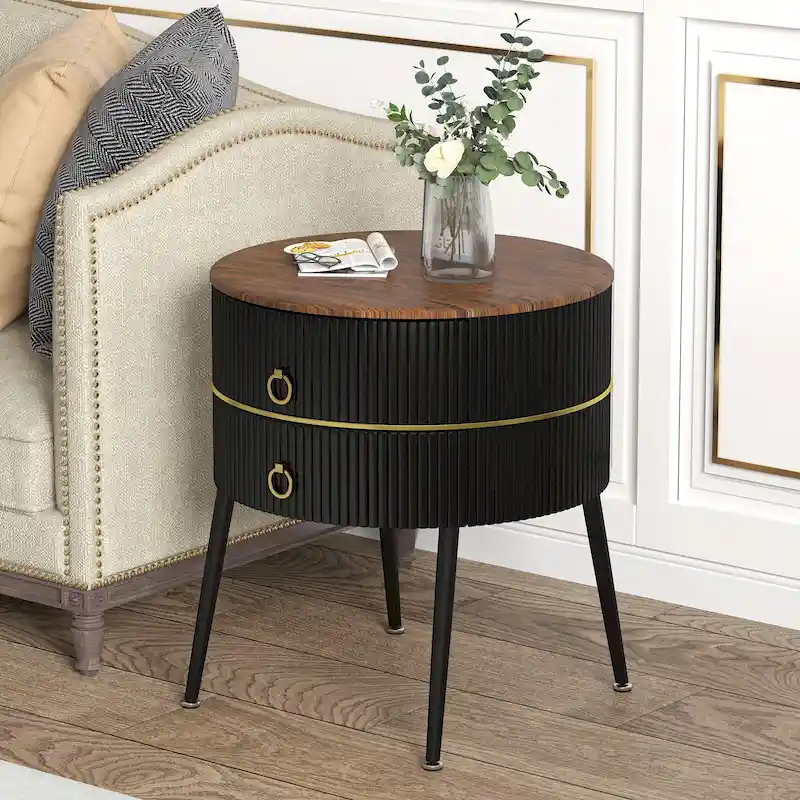 Myhozm Round End Table with Storage, Barrel-Shaped Nightstand for Living Room, Bedroom