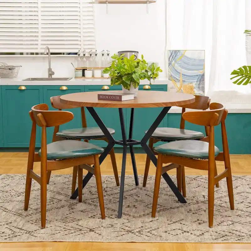 Grondin  Farmhouse Style 38.6 Round Dining Table with 1.18 Thick MDF Tabletop and Pedestal Cross Metal Legs