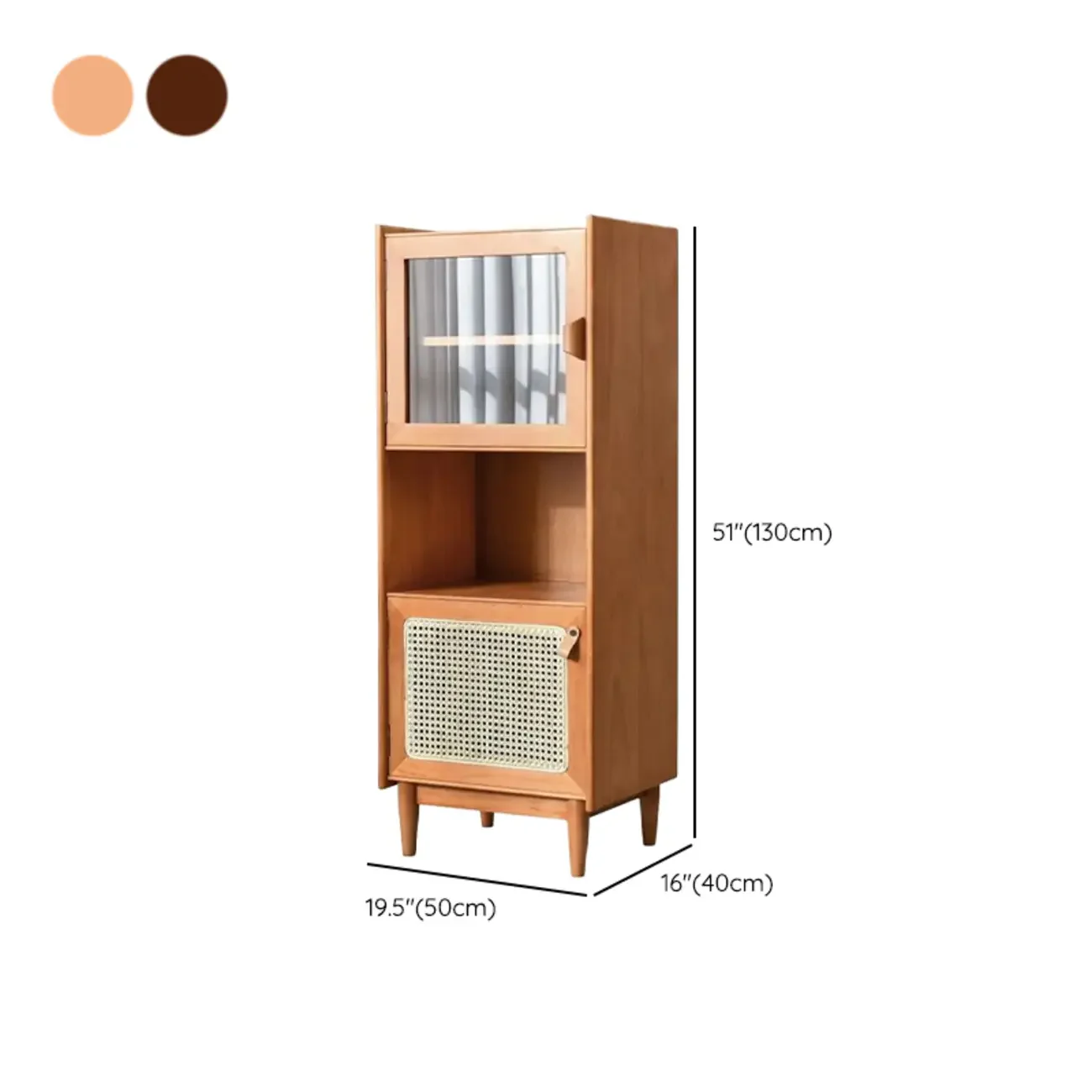 3-Tier Versatile Natural Cherry Wood Glass Rattan Utility Cabinet