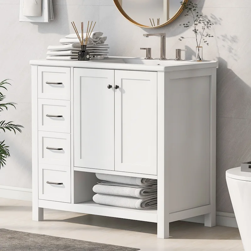 36  Modern Vanity with Sink, 2 Cabinets, 2 Metal Handles, and Sliding Drawer Tracks, Suitable for Dressing Room Bathroom