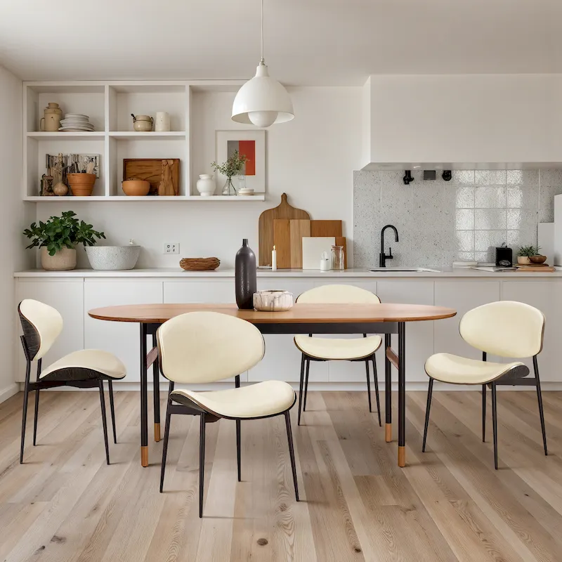 Set of 4 Mid-century Wood and Faux Leather Dining Chairs