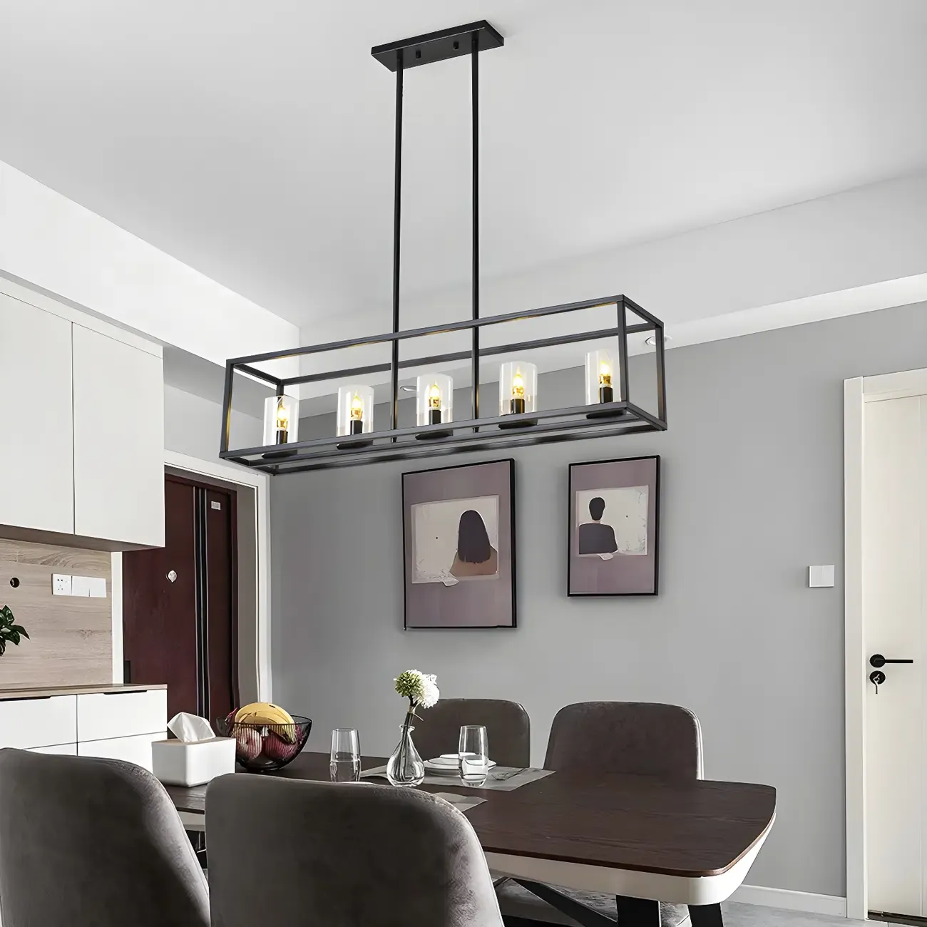 5-Light Industrial Black Glass Island Pendant Light for Kitchen