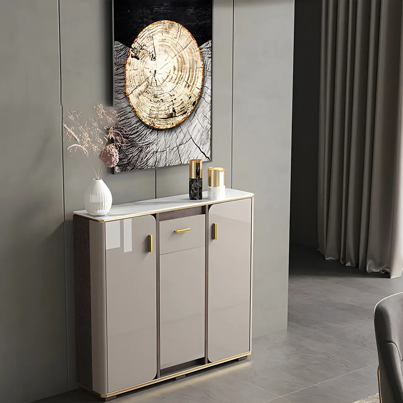 Glam Off-White Stone Top Sideboard with Cabinets