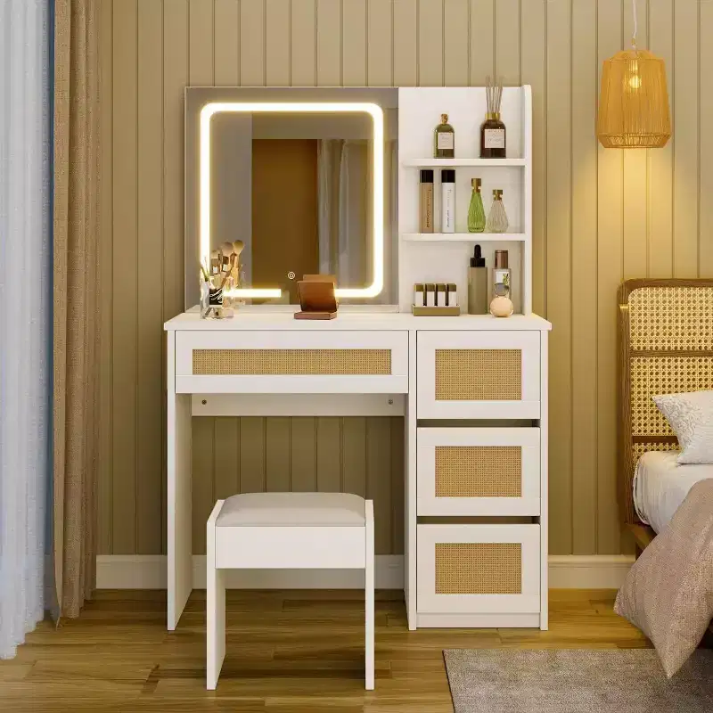 Acekool White Rattan Vanity Desk with Adjustable LED Mirror Light, 4 Drawers & 2 Open Shelves, Spacious Makeup Table for Bedroom