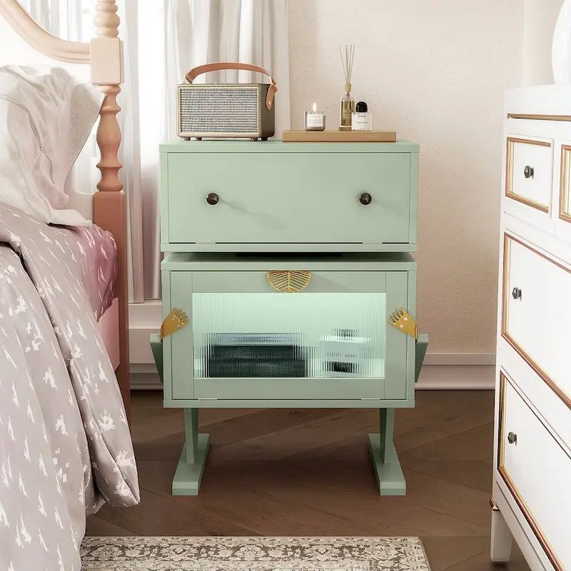 Nightstand with Rotating Drawer and LED Light Strip