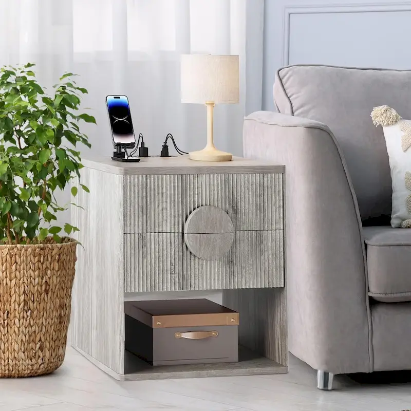 Nightstand Wide Fluted Nightstand with Charging Station