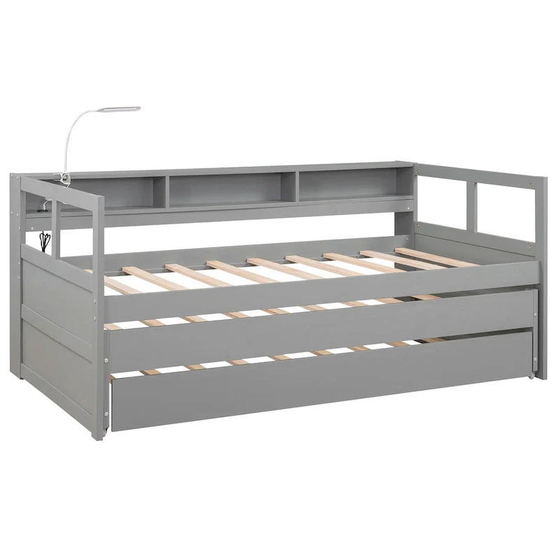 Twin XL Wood Daybed with 2 Trundles and USB Charging Design