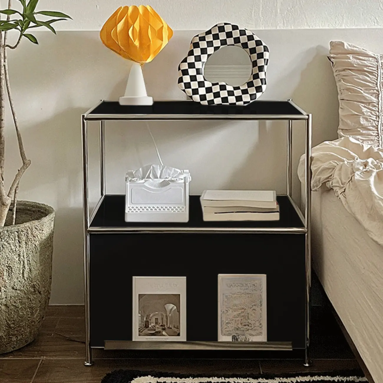 Modern Steel Nightstand with Drawer and Open Shelf