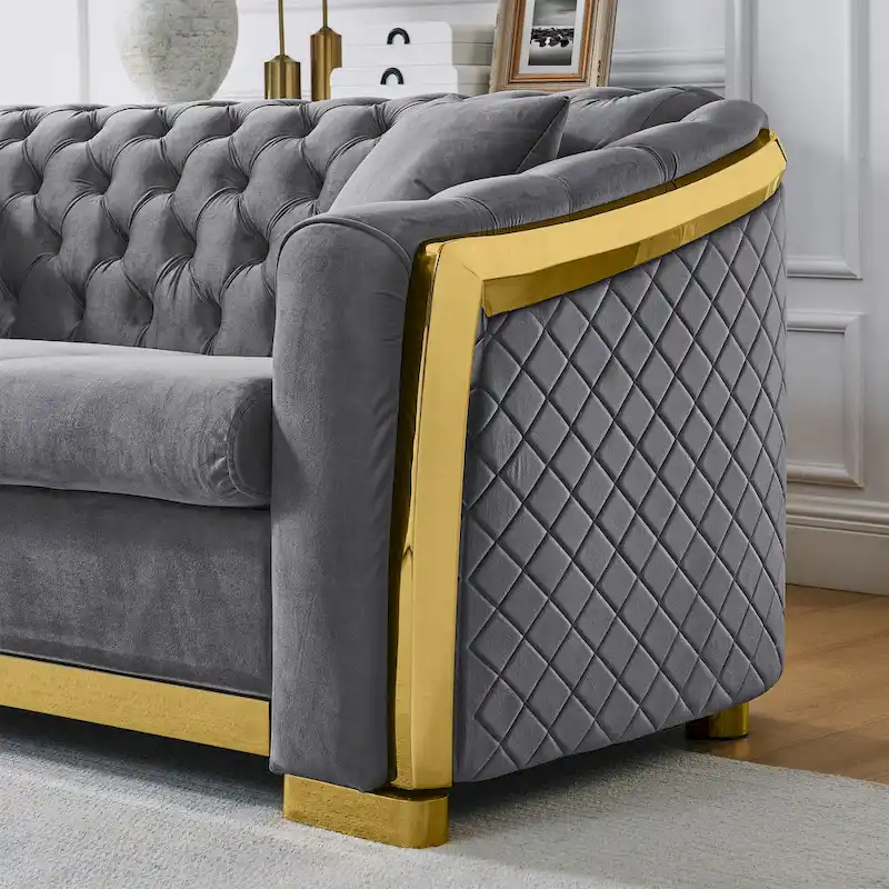 84 Luxury Chesterfield Velvet Sofa with Gold Trim