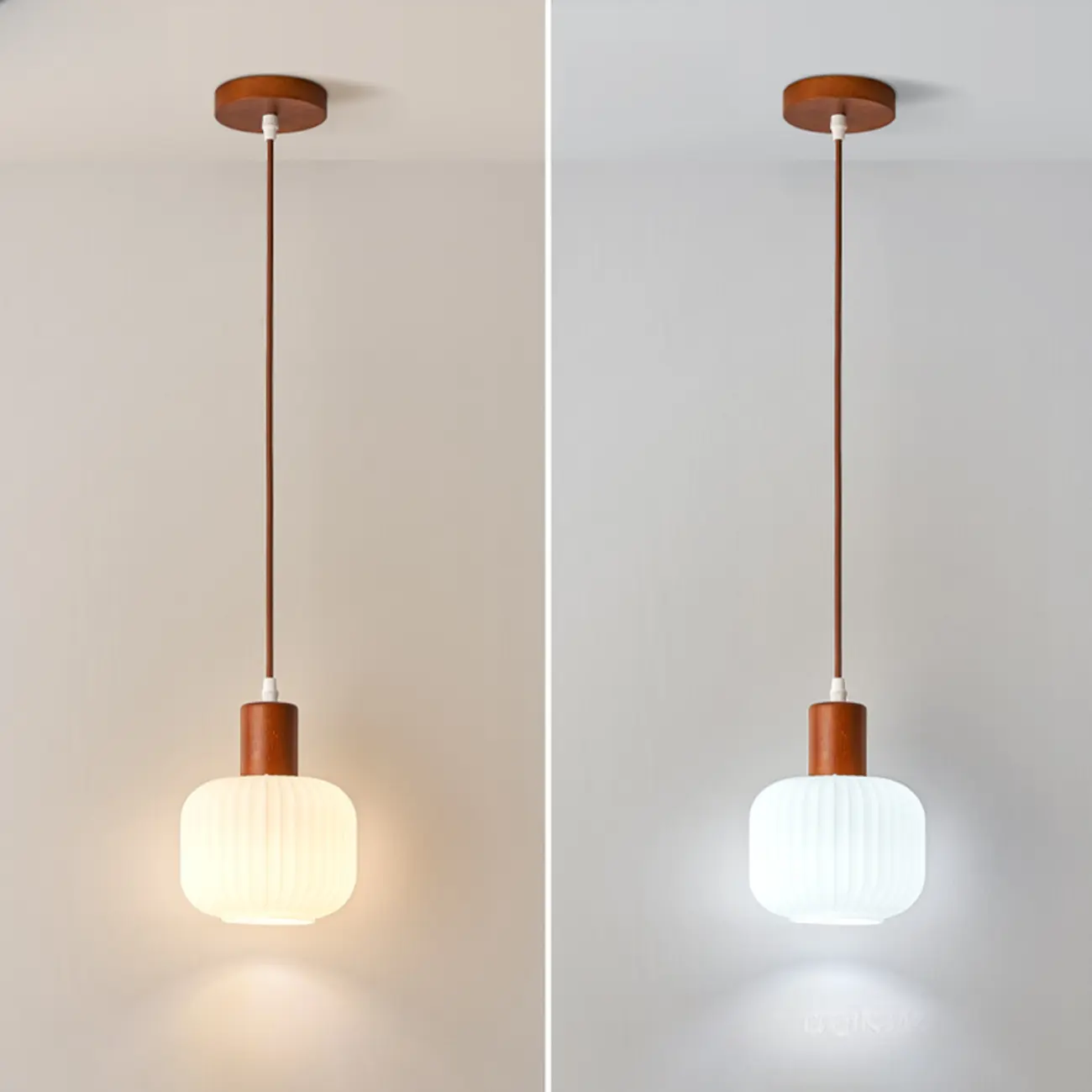 Modern White Glass Pendant Light with Solid Wood Accent