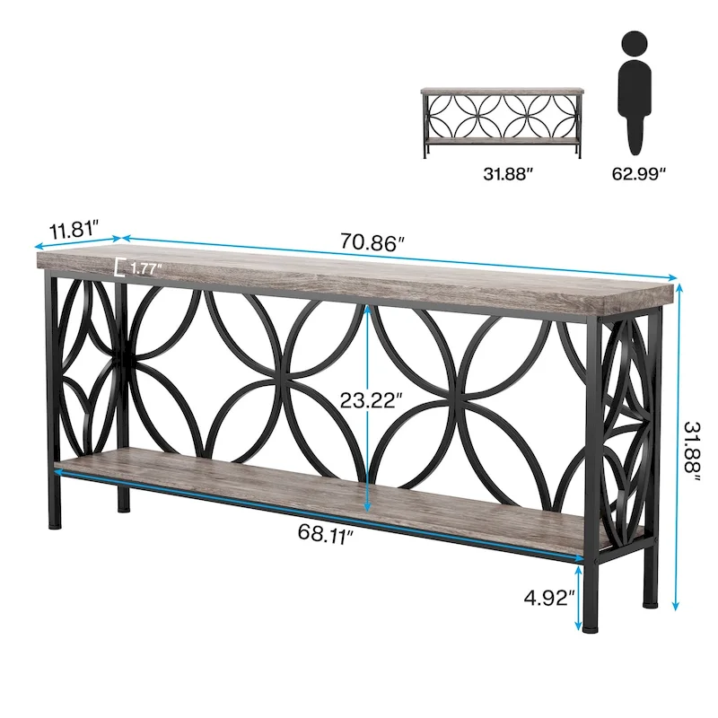 70.9 Inch Long Sofa Table, Industrial Console Table - 70.9 L  11.8 W  31.9 H