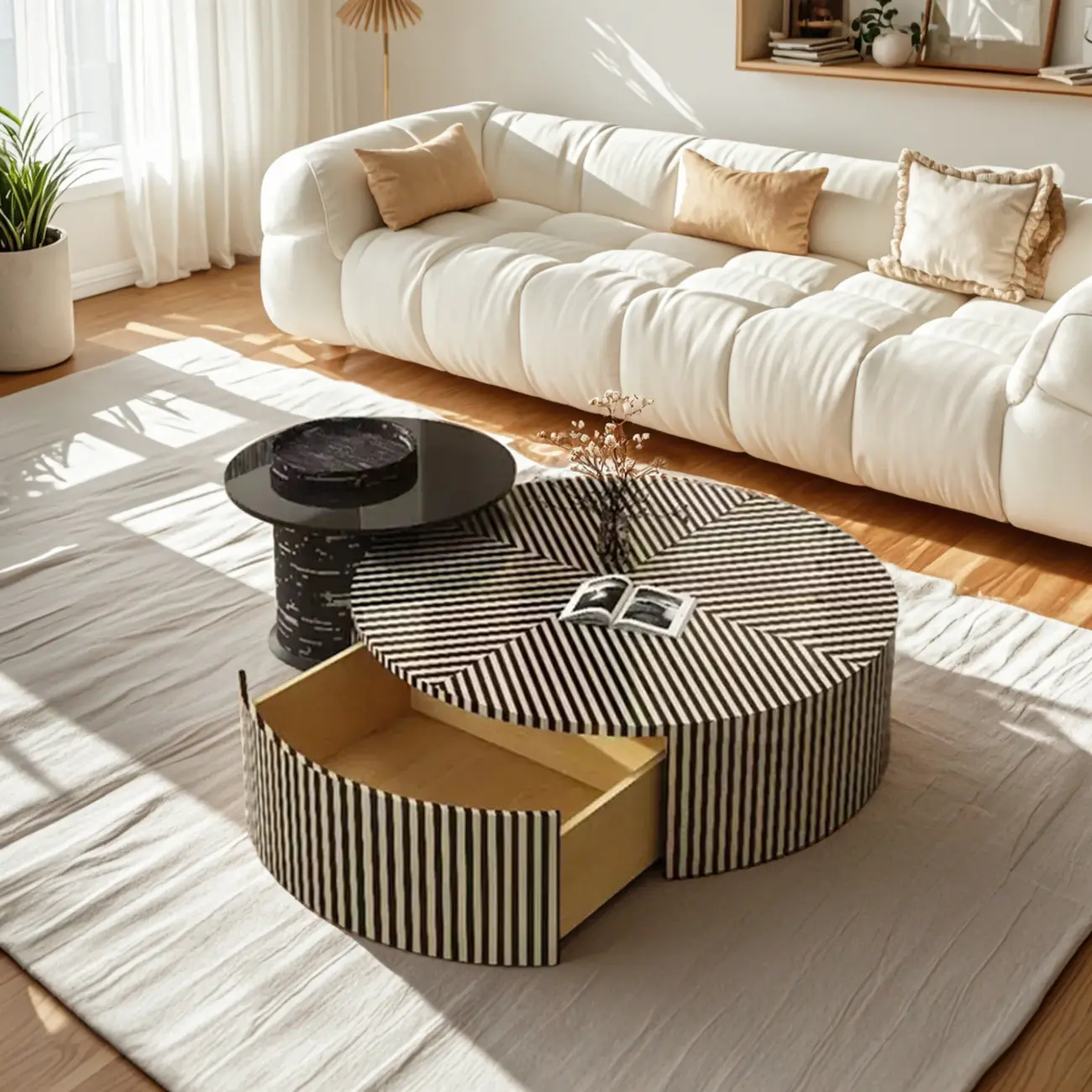 Black and White Stripe Wooden Round Coffee Drawer Table