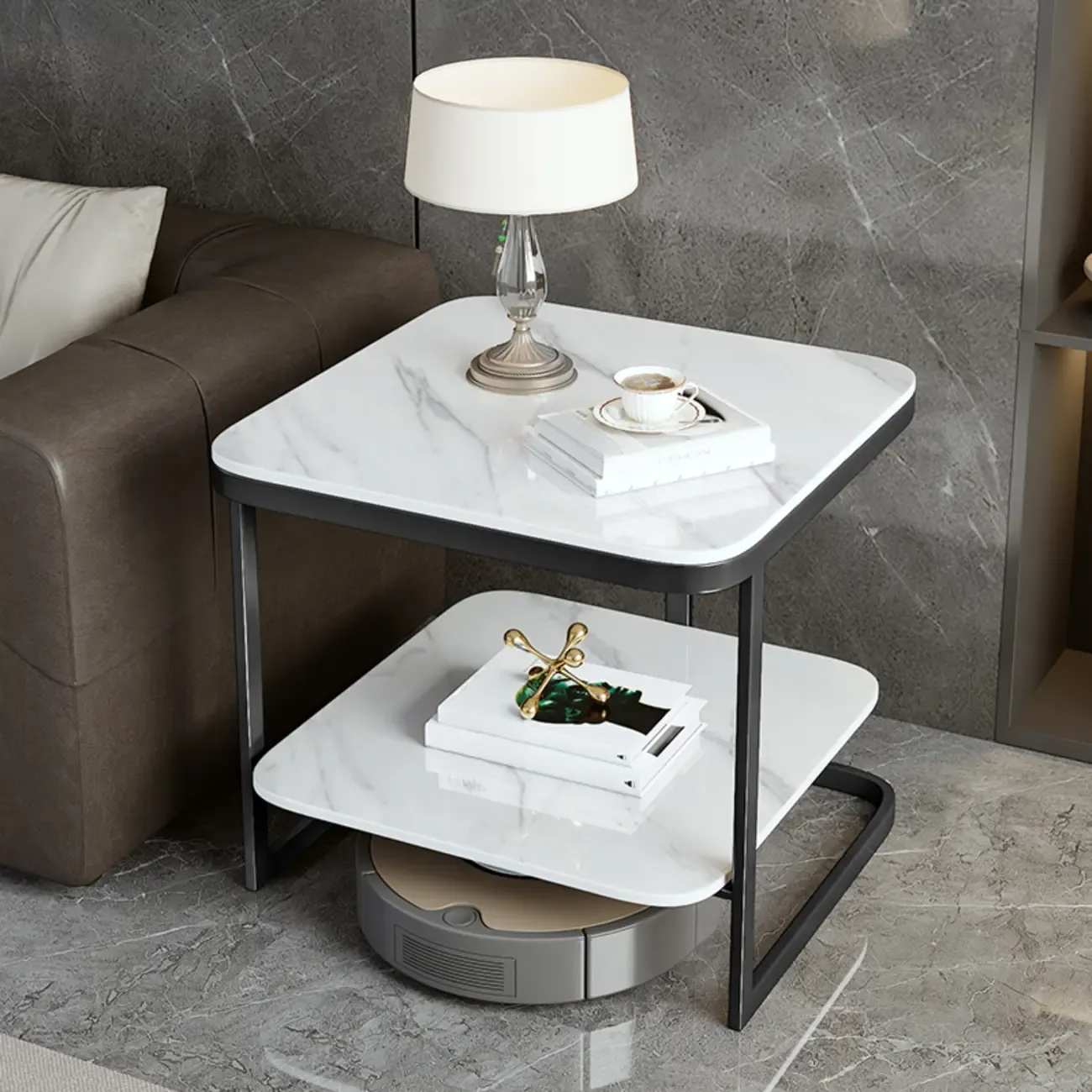 2-Tier C-Shaped Side Table with Shelf
