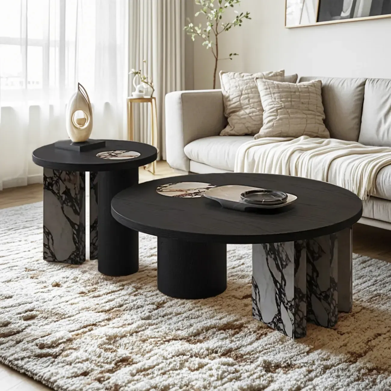Black Round Modern Double Pedestal Wood Coffee Table