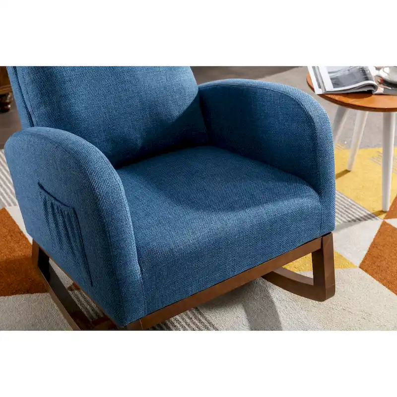Blue 27 Upholstered Rocking Chair with Wood Legs and Convenient Side Pocket