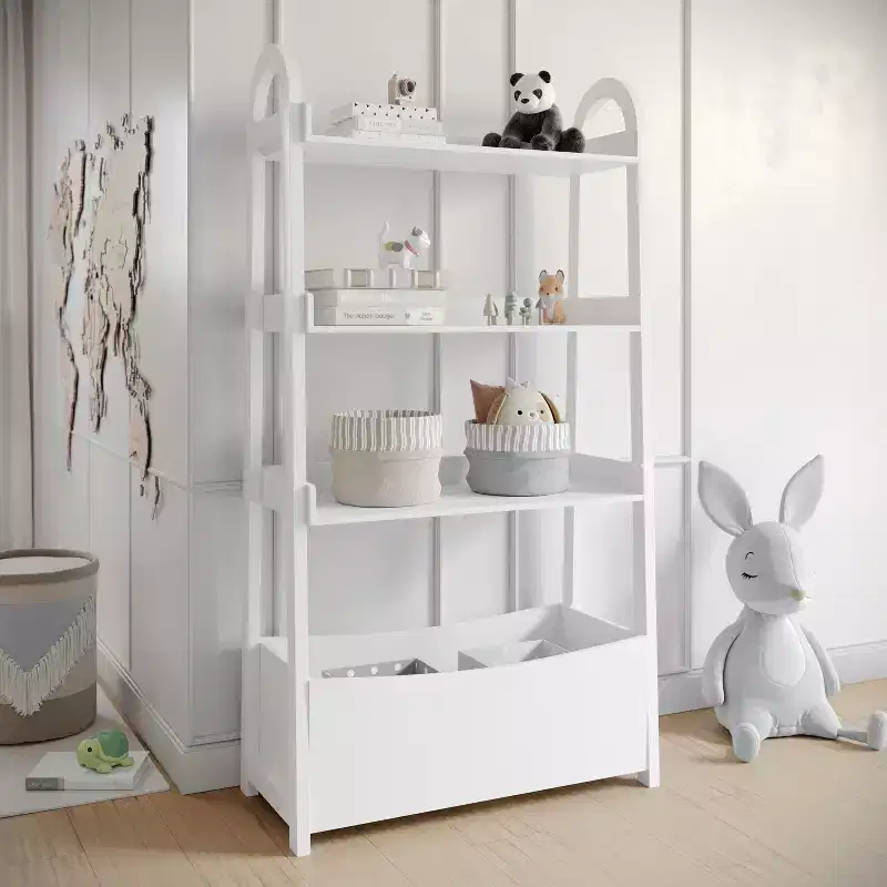 White Open-Style Kids Bookshelf with 3 Shelves and Storage Bin