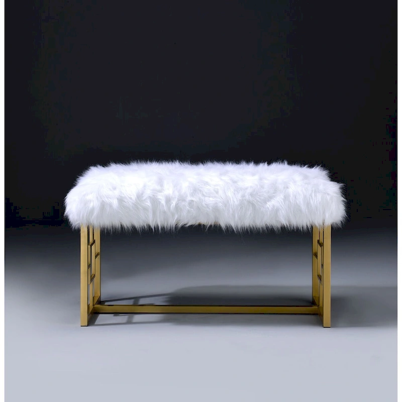 Modern Style Faux Fur Upholstered Bench with Geometrical Side Panels, White and Gold - 21 H x 17.5 W x 37.5 L Inches
