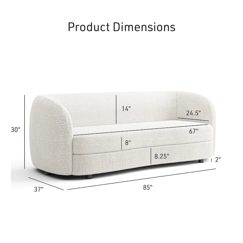 Modern Curved Arms Boucle Sofa Couch with Kidney Style Seat and Round Wooden Legs