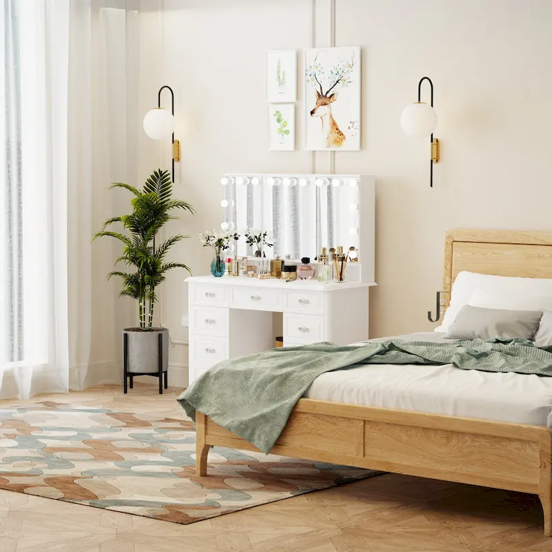 Makeup Vanity with Tri-Fold Mirror, White, Adjustable LED Lighting, Seats 1