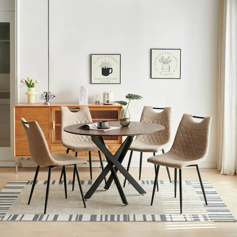 Modern Style 5-Piece Dining Set with Round Table and 4 Grid Dining Chairs