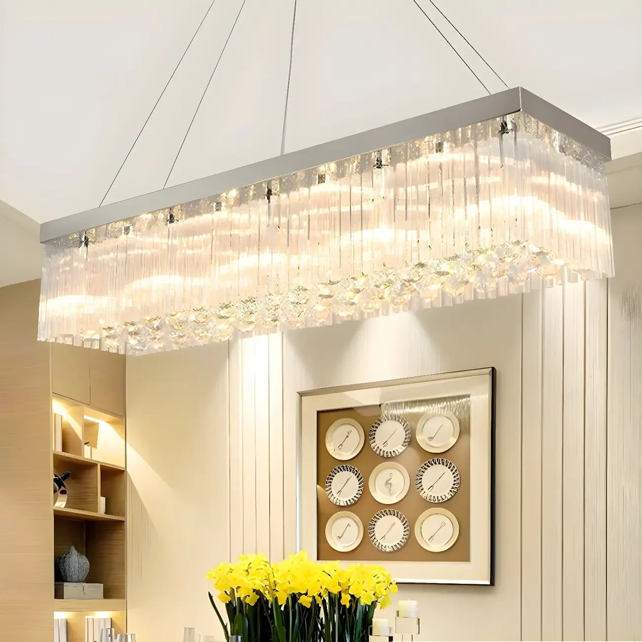 Modern Silver Crystal Rectangle Island Chandelier