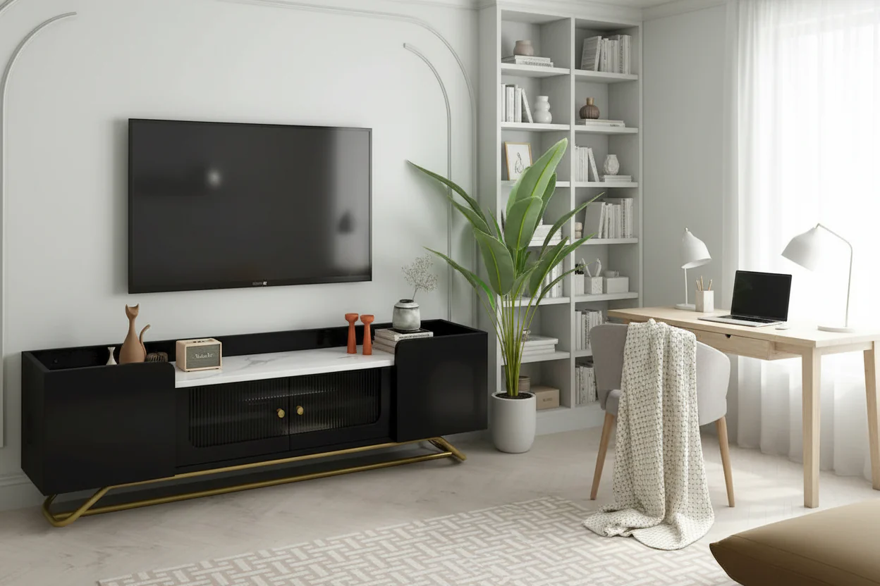 TV Stand with Fluted Glass Doors - Entertainment Center for TVs Up to 70 Inches