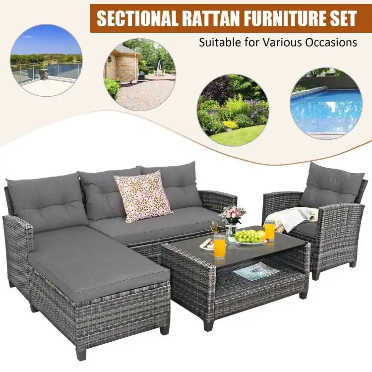 4 Pieces Patio Rattan Furniture Set with Cushion and Table Shelf - 27.5 x 47 x 30 (L x W x H)