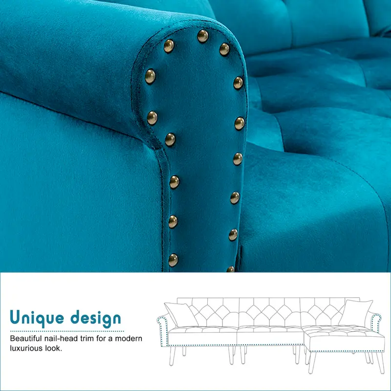 Convertible Velvet Sofa Couch, Sectional Sofa with Ottoman, Mid-Century Futon Sofa Bed - 32D x 100.7W x 29.9H