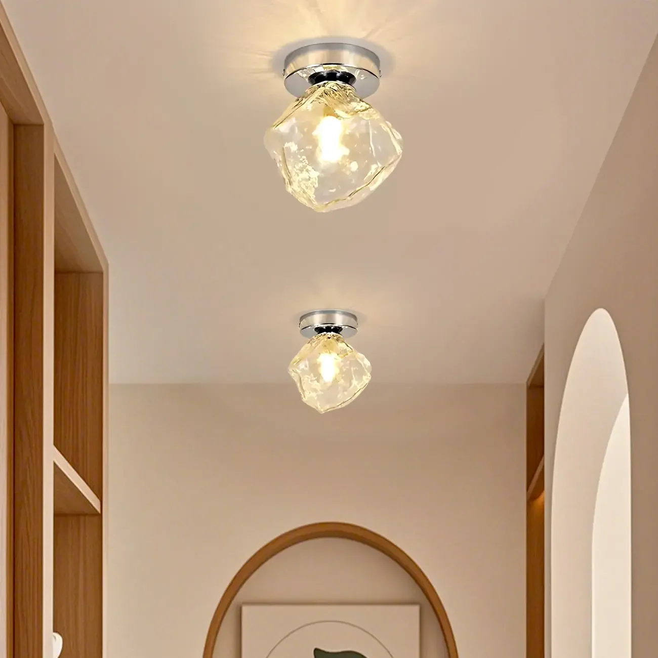 Clear Glass Rock Design Hallway Chrome Semi Flush Ceiling Light