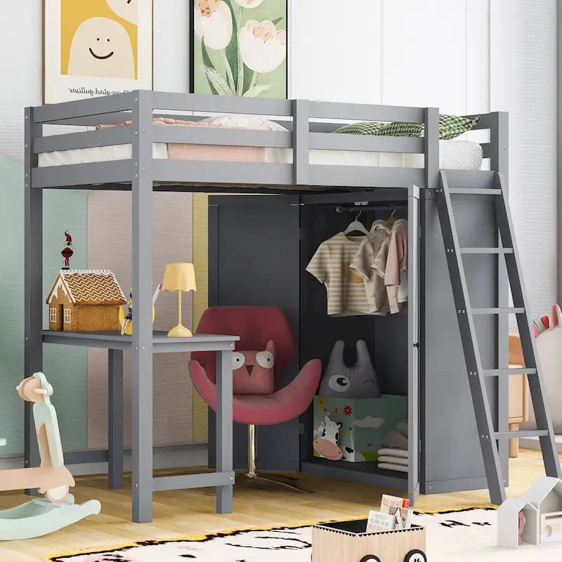 Solid Pine Loft Bed with Wardrobe, Desk, Shelves, and Guardrail